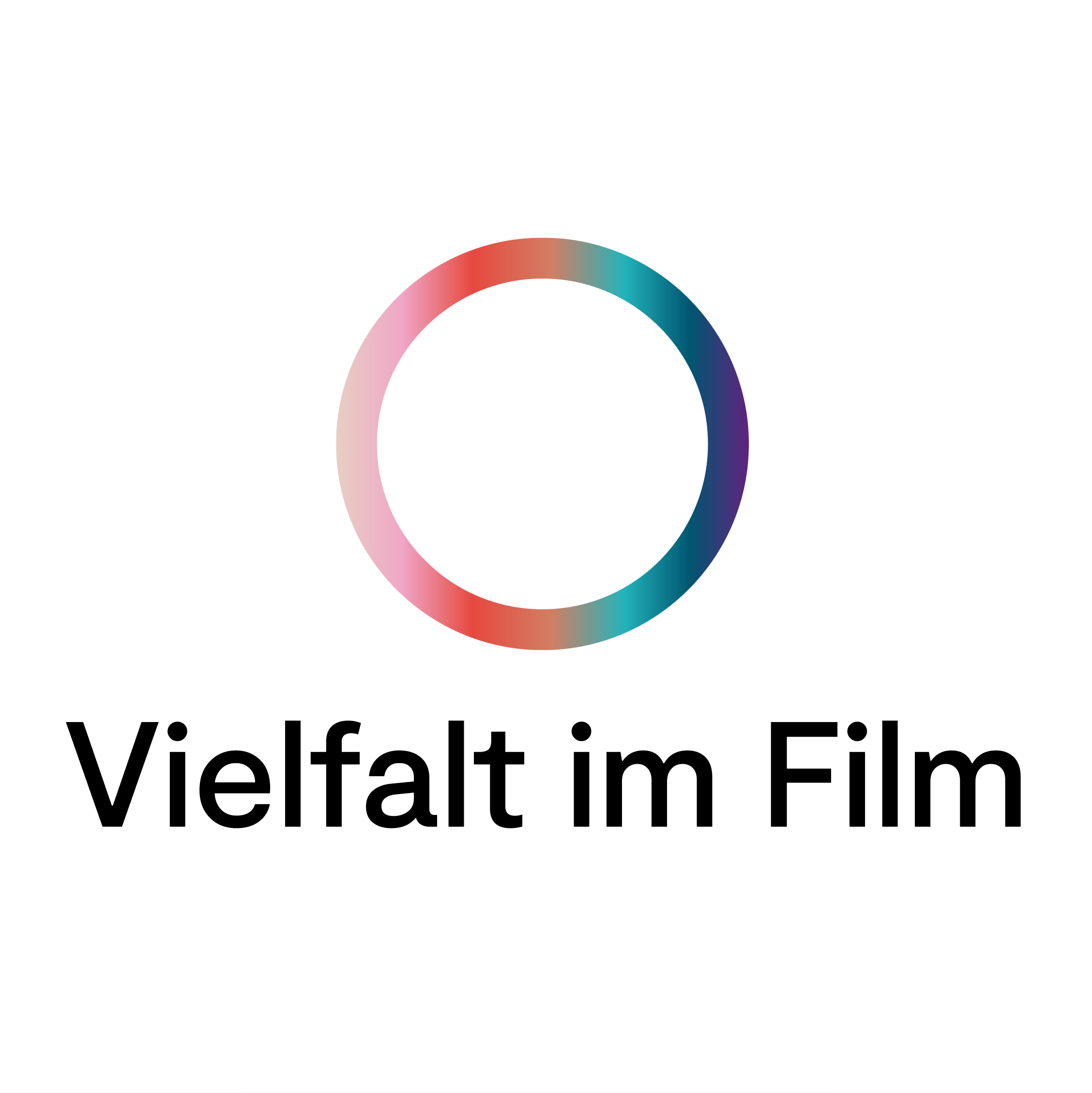 Logo von Vielfalt im Film. Ein Kreis mit blau-rotem Rand als Farbverlauf auf weißem Grund. Darunter in schwarzer Schrift "Vielfalt im Film".